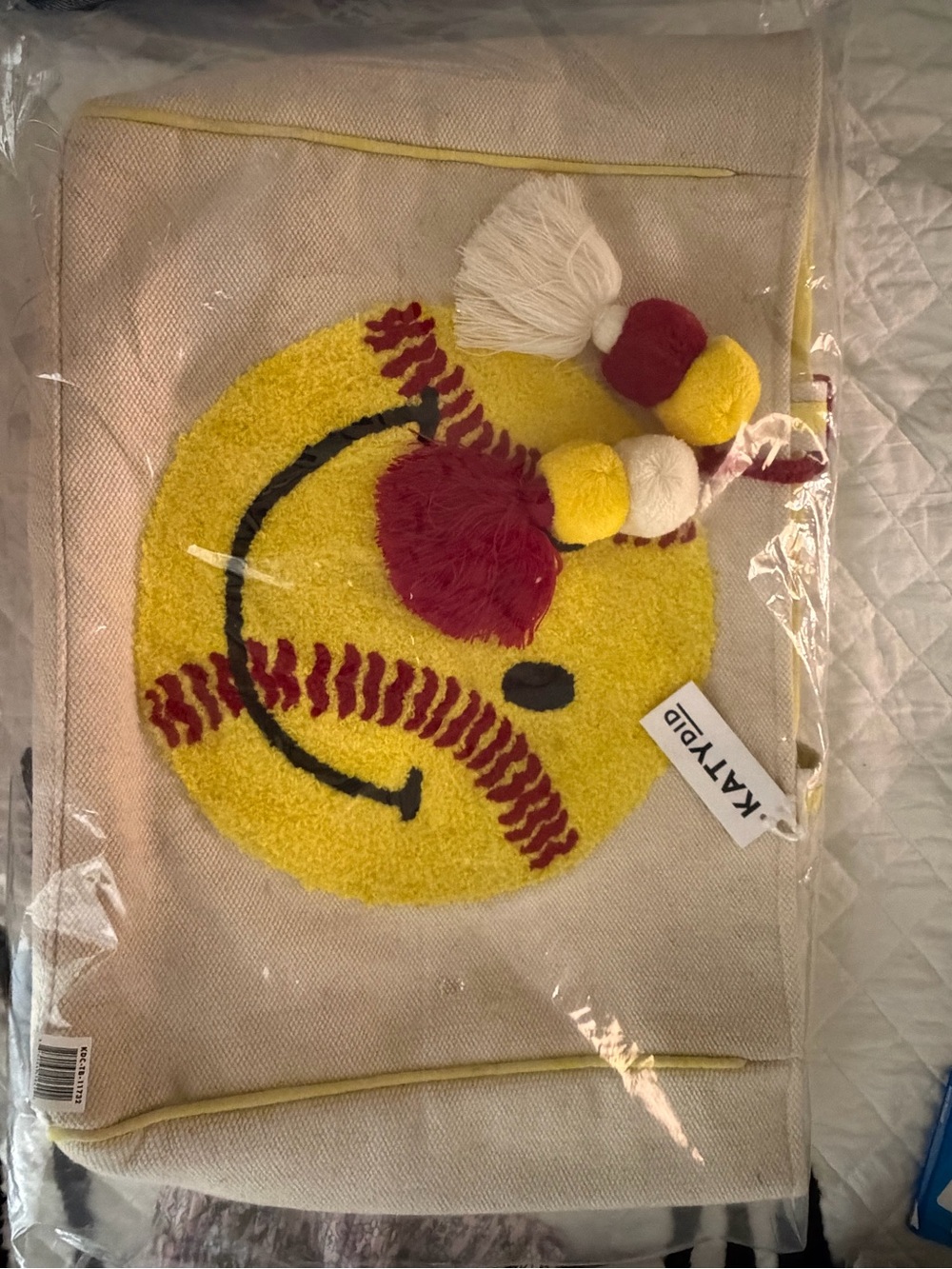Katydid Cream Tote with Yellow Smiley Softball Applique with Red Accents NEW!!!